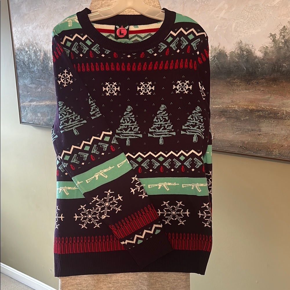 Retro Rifle Blue and Purple Crewneck Sweater with “Festive” Pattern
